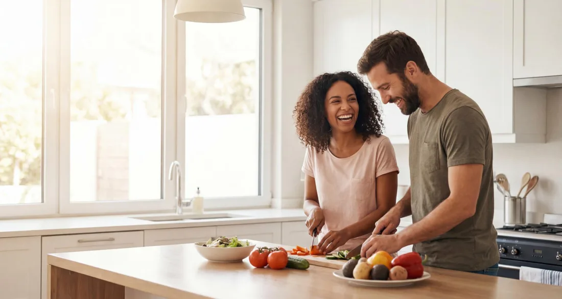 Couple preparing vegetables together on a kitchen island