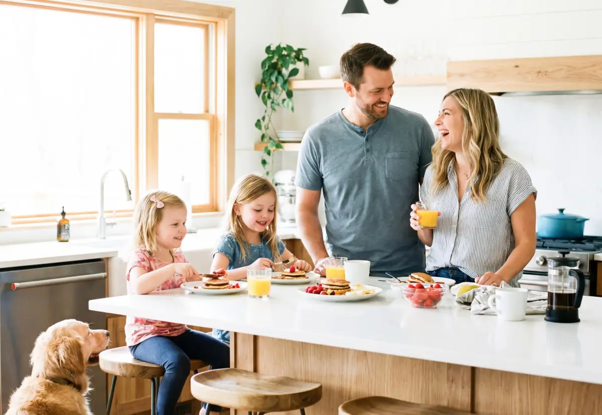 Family having breakfast together in a bright modern kitchen