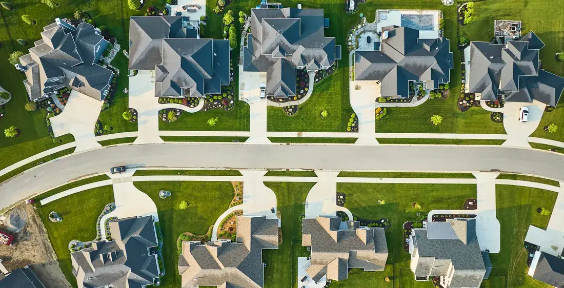 Aerial view of a residential neighbourhood of detached family homes