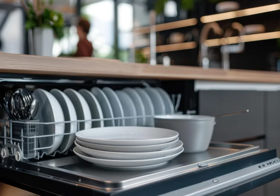Loading clean dishes into an open dishwasher