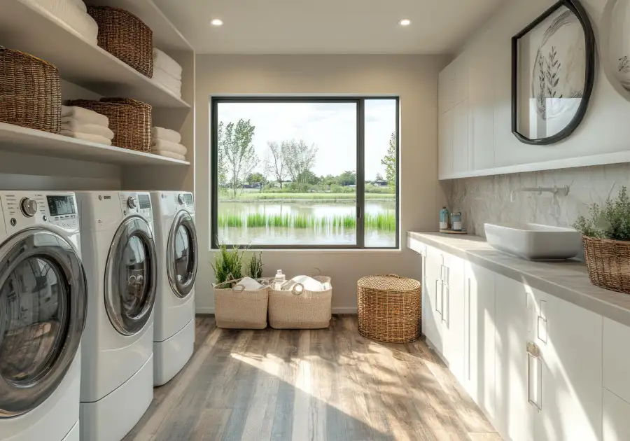 Bright laundry room with a washer and dryer beside a window