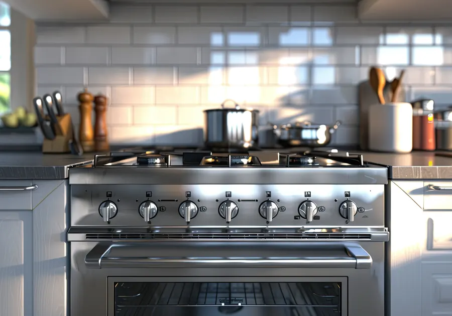 Professional stainless steel gas range in a home kitchen