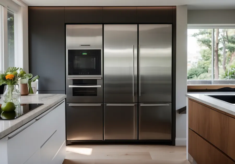 Stainless steel refrigerator in a modern fitted kitchen