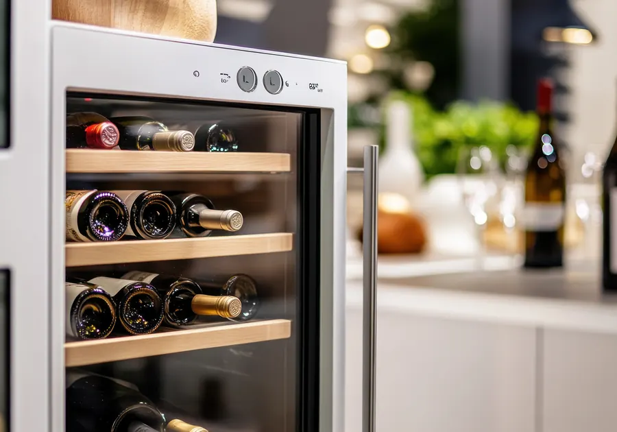 Wine refrigerator with bottles resting on wooden shelves