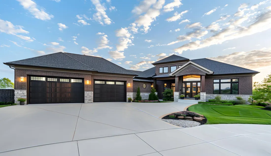 Modern family home with a wide driveway at dusk