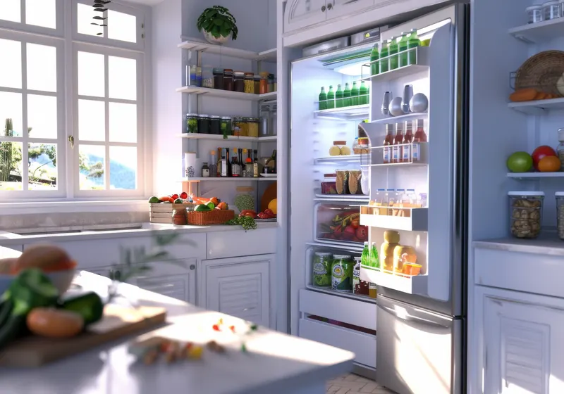 Open refrigerator stocked with fresh food in a bright kitchen