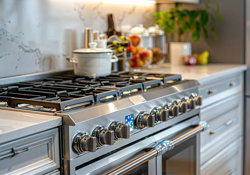 Stainless steel gas range in a fitted kitchen